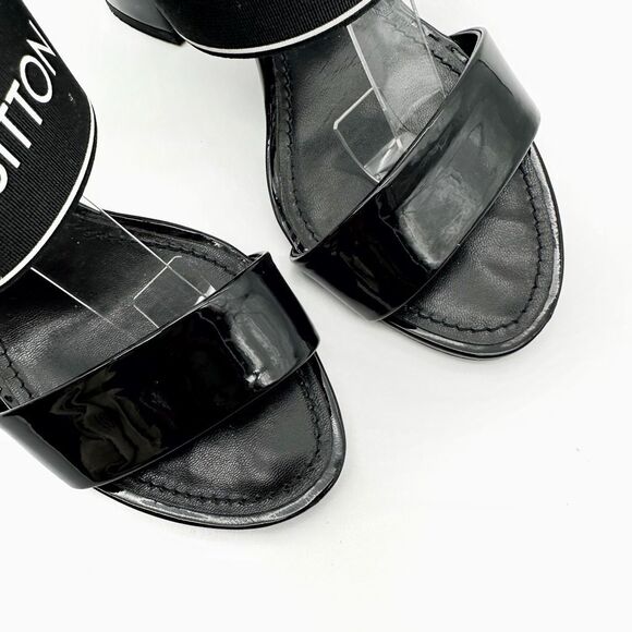 LOUIS VUITTON Trail Black Patent Leather Logo Sandal Size 37 Block Heel - Picture 3 of 12
